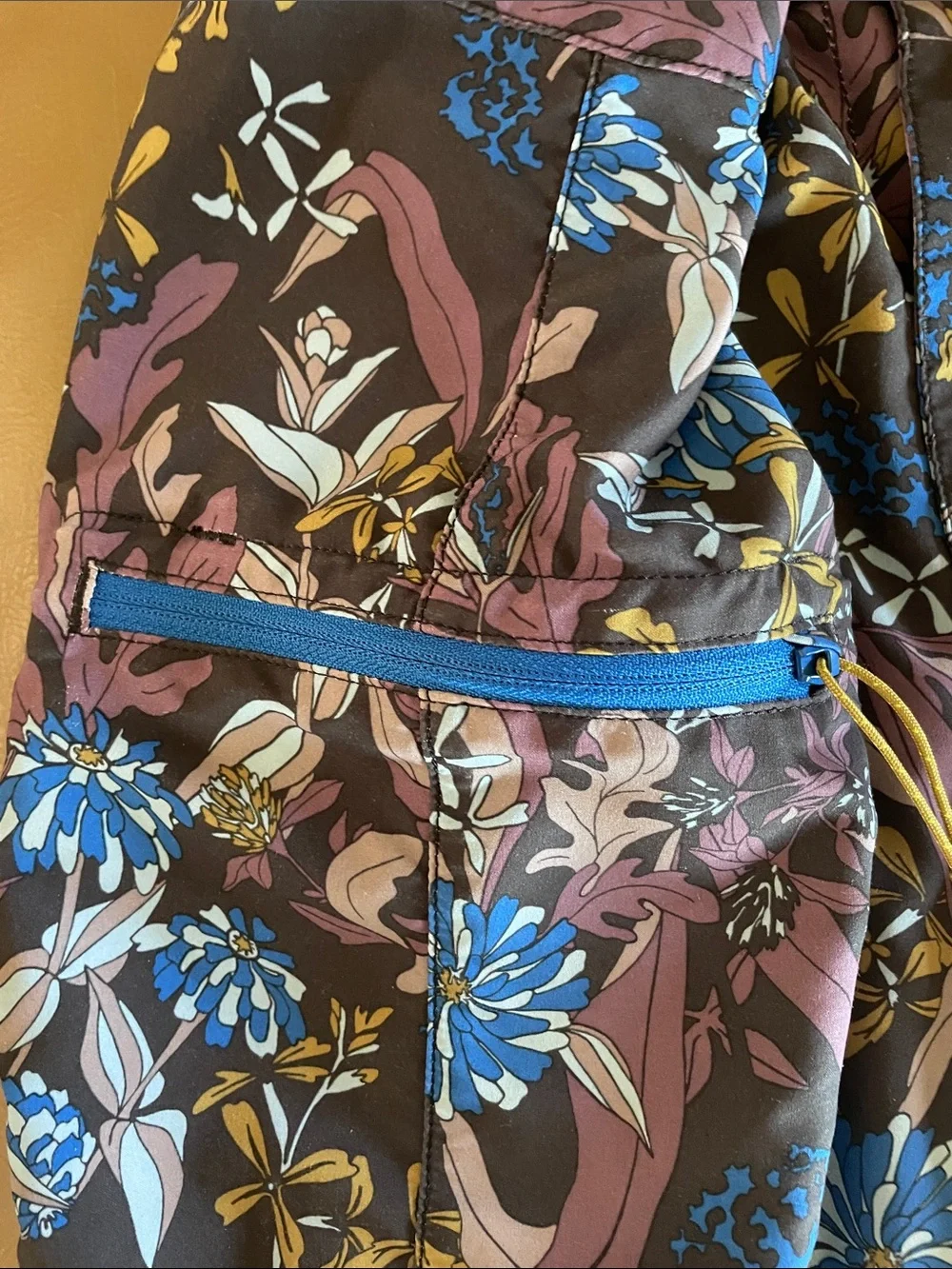 Patagonia Floral Swim Board Shorts in Black, Blue, Purple with Yellow Drawstring
